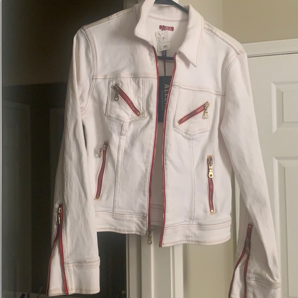 White denim jacket with red accents